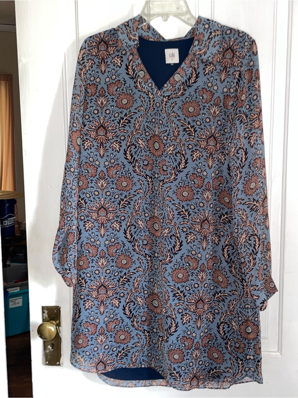 CAbi Blue Floral V-Neck Long Sleeve Tunic Dress